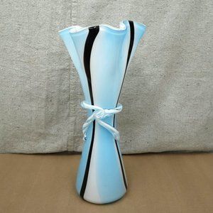 MCM 14in Flower Vase Art Glass Folded Ribbon Bow Tie Twist Blue White Brown